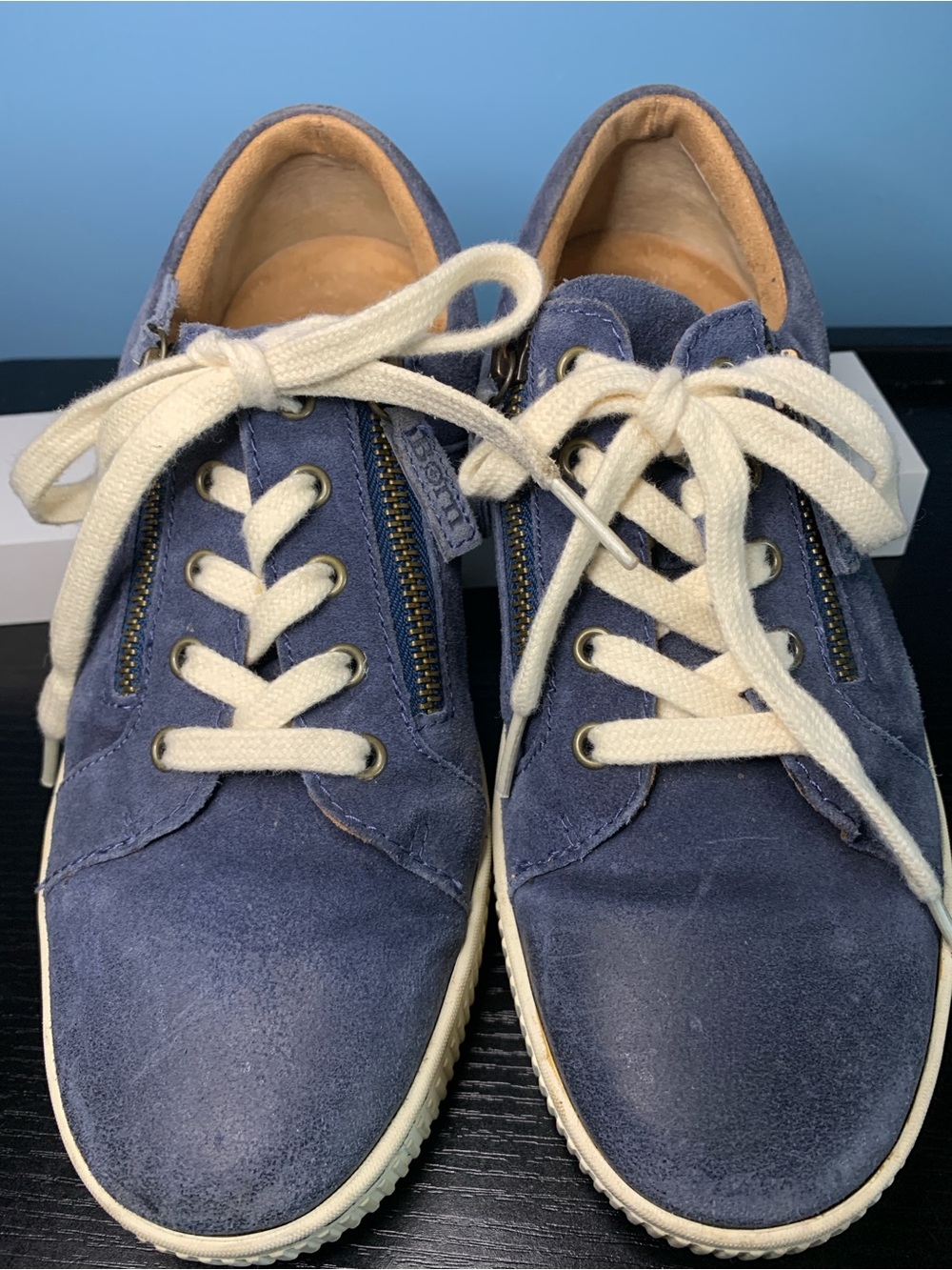 Born Navy Suede Sneakers with Cream Laces